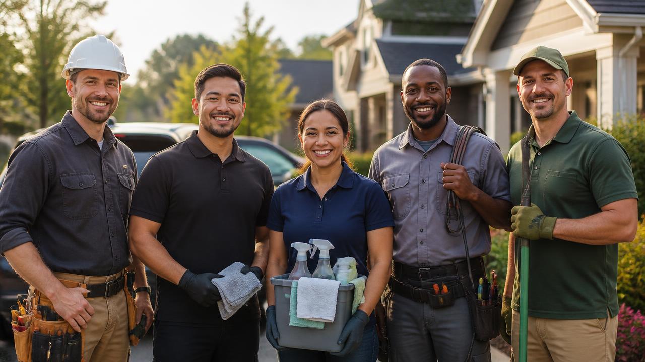 A diverse, successful team of home service professionals: contractors, cleaners, auto detailers, and tradesmen